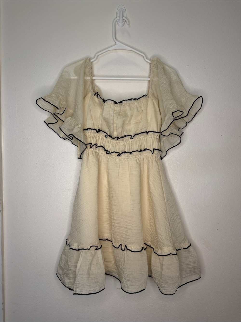 Ivory Ruffle Trim Dress with Black Contrast
